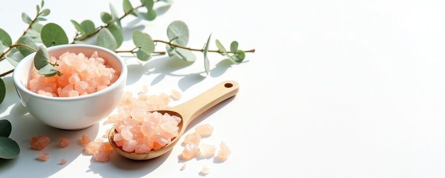 Pink himalayan salt crystals in white bowl with eucalyptus twig. Wooden spoon holds more salt beside scattered loose crystals. Clean white background creates minimalist spa aesthetic.