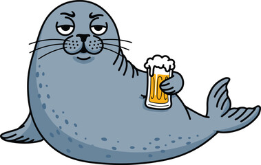 Smug Cartoon Seal Relaxing with a Foamy Beer Mug