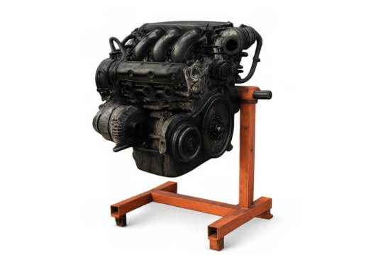 Car engine on a stand, offering power, replacement, and repair concepts, transparent background