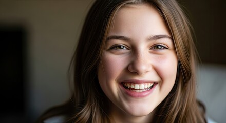 Naklejka premium Close-up portrait of a young, smiling female with light brown hair and kind eyes