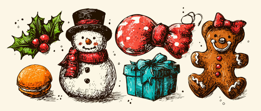 Uma encantadora cole&ccedil;&atilde;o de ilustra&ccedil;&otilde;es festivas de Natal, incluindo boneco de neve, azevinho, presentes e doces, perfeita para celebra&ccedil;&otilde;es de inverno.