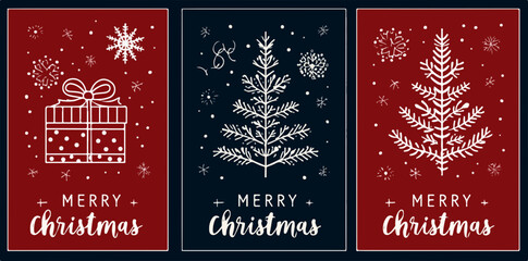 Conjunto de três cartões de Natal festivos com ilustrações desenhadas à mão de árvore, presente e flocos de neve, com texto 'Merry Christmas'.