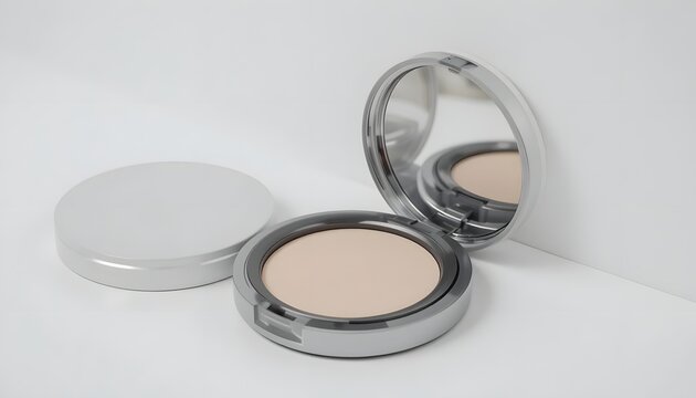 Elegant face powder compact with mirror, perfect for beauty blogs and cosmetic ads that highlight natural beauty and flawless skin with a minimalist aesthetic