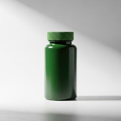 Obraz premium Closed opaque green plastic bottle with ribbed cap and textured surface for supplements medicine