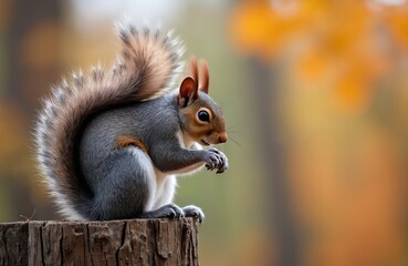 Obraz premium Grey squirrel perched on tree stump, holding food with paws. Fluffy tail raised high, looking sideways. Autumnal leaves create soft, blurred background.