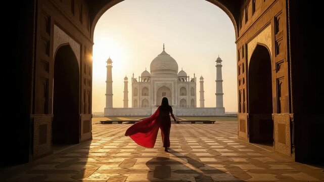 Silhouette of a woman in a red sari walking towards the taj mahal at sunrise, framed by an archway
