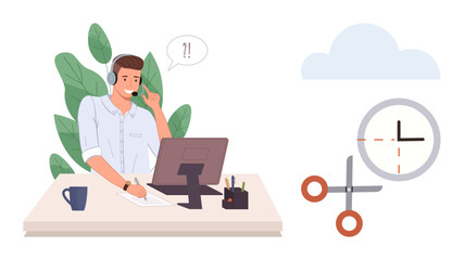 Customer support agent using a headset at a desk, computer, and cloud with time and scissors. Ideal for communication, deadline, customer service, time management, productivity, assistance simple
