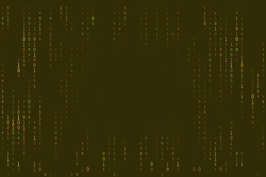 Abstract digital rain background with streaming binary code, featuring falling zeros and ones in vibrant green, yellow, and orange hues, representing data flow and technology.