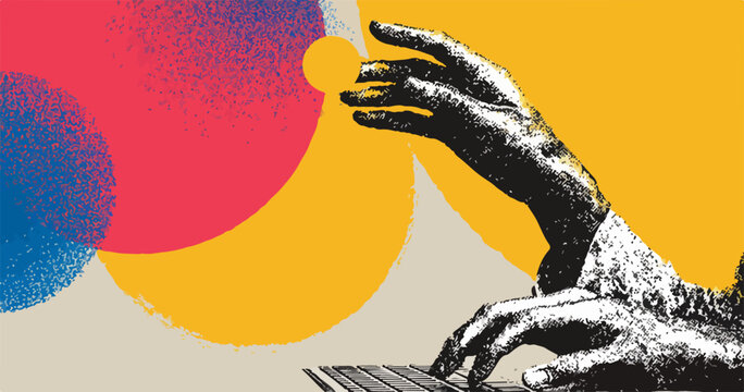 Uma m&atilde;o texturizada interage com um teclado, cercada por formas abstratas e coloridas que simbolizam a criatividade digital e a comunica&ccedil;&atilde;o moderna.