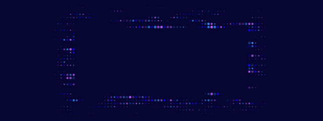 Abstract digital frame with vibrant pixelated dots creating a rectangular border on a dark blue background, modern technology concept.