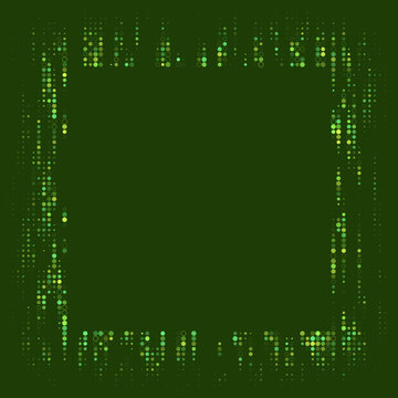 Abstract digital green dots and circles forming a rectangular frame on a transparent background, modern technology border design with a futuristic data stream aesthetic.