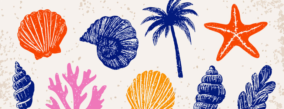 Ilustra&ccedil;&atilde;o vibrante de elementos marinhos e tropicais, com conchas coloridas, estrelas-do-mar e uma palmeira estilizada, evocando a atmosfera de ver&atilde;o.