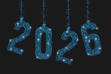 Abstract isolated blue image of new year number 2026. Polygonal low poly wireframe illustration looks like stars in the black night sky in space or flying glass shards. Digital web, internet design.