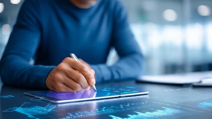 Professional working with interactive digital graphs and analytics on a transparent screen, focusing on data driven decision making. Advanced technology enhances productivity and strategic planning - Powered by Adobe