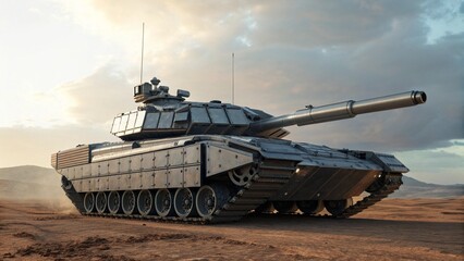 Fototapeta premium Futuristic Modern Battle Tank on Desert Terrain with Metallic Silver Armor and Cannon