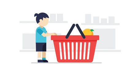 Fototapeta premium A young boy stands beside a large red shopping basket full of groceries