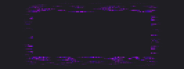 Abstract digital frame with vibrant glowing purple and pink pixels creating a futuristic border on a transparent background, ideal for technology and modern design.
