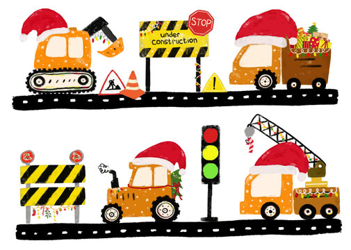 Cute set of christmas xmas construction site machines vehicles transportation excavator crane tractor dump trash truck road street doodle hand drawn kids crayon watercolor illustration sticker clipart