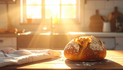 Freshly baked loaf of bread sits on wooden kitchen table, bathed in warm sunlight streaming through window, creating cozy and inviting atmosphere
