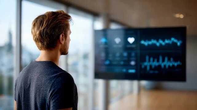 Focused on interactive dashboard, man reviews real time biometric statistics, performance metrics. Scene highlights technology driven wellness, smart data visualization in contemporary workspace