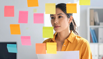 Woman in yellow shirt stands thoughtfully in office, surrounded by colorful sticky notes on glass. She holds document, appearing focused and organized