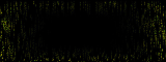 Abstract digital background with glowing green and yellow dots forming a dynamic data stream frame, perfect for technology and futuristic concepts.