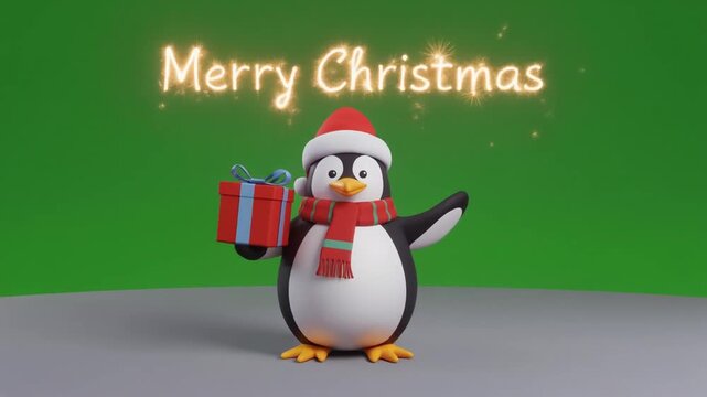 Cartoon penguin waves holding wrapped christmas gift on green screen