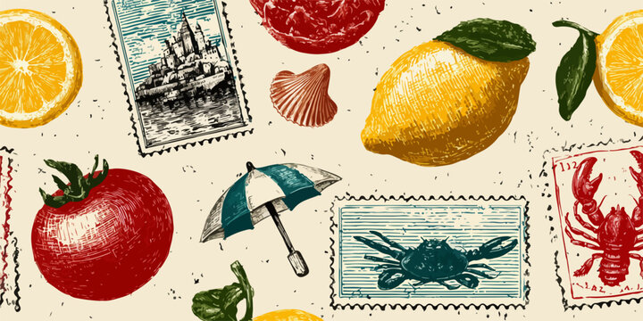 Ilustra&ccedil;&atilde;o vetorial vibrante com elementos de ver&atilde;o, como frutas c&iacute;tricas, frutos do mar e selos postais, criando um fundo tem&aacute;tico e nost&aacute;lgico.
