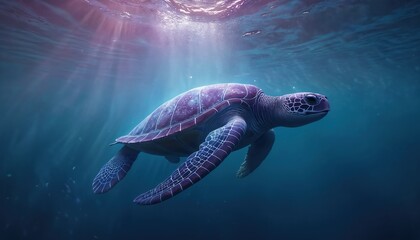Fototapeta premium Underwater photo shows a sea turtle in ocean. The turtle swims in clear blue water. Sunlight rays penetrate water from above. Marine animal in natural eco system.