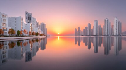 Obraz premium Serene Waterfront Cityscape At Golden Sunset With Modern White Buildings Reflecting In Calm Water During Twilight Hour With Warm Orange and Pink Hues