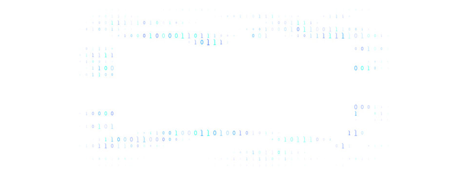 Abstract digital background with flowing binary code numbers forming a futuristic data stream frame on a dark screen