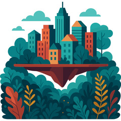 Vibrant Cityscape Amongst Lush Greenery And Abstract Nature