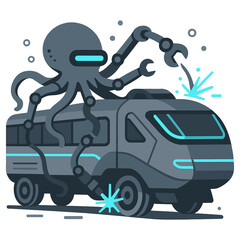 Mechanical Octopus Repairs Futuristic Train Carriage