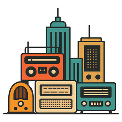 Vintage Radio Towers In A City Skyline