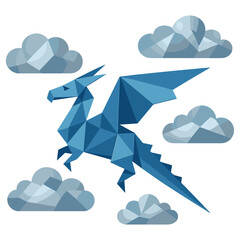 Geometric Blue Dragon Flying Among Polygonal Clouds