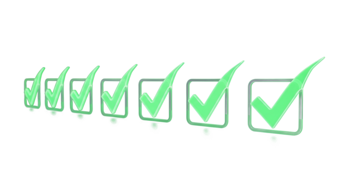 Digital checkmark icons arranged in a row, glowing green holographic effect, concept of approval or validation, dark background. Clean PNG