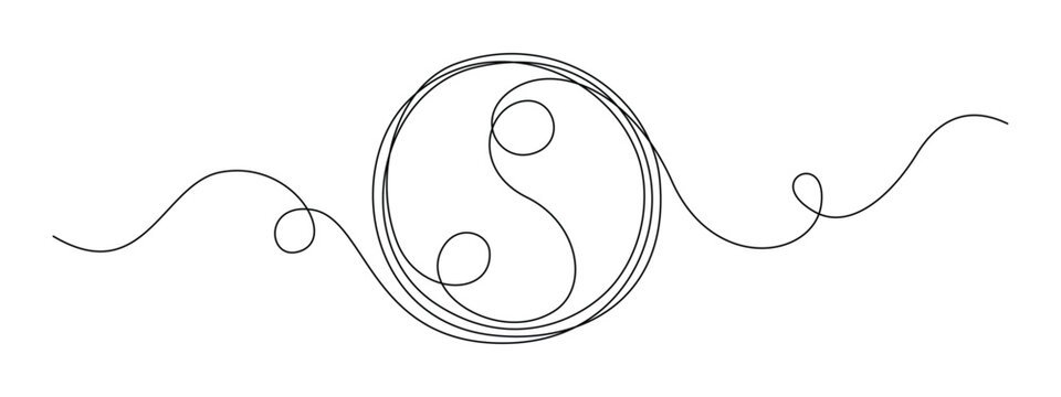 One continuous line drawing of Yin yang symbol. Harmony and balance icon in simple linear style. Circle with zen in Editable stroke. Doodle handwriting vector illustration