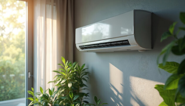 White air conditioning unit mounted on light grey wall in a modern home. Green plants in front of window with curtain and door to outside garden. Natural light and shadows on wall.