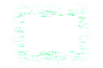 Abstract digital frame with glowing green and blue diamond pixels on a transparent background, creating a futuristic tech border for modern designs.