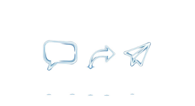 Digital communication icons message bubble, reply arrow, and send symbol glowing blue-white holographic light, floating on Trasnparent background, modern messaging technology interface. Clean PNG