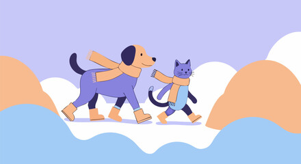 Fototapeta premium Cartoon dog and cat walking together wearing scarves and boots in winter landscape