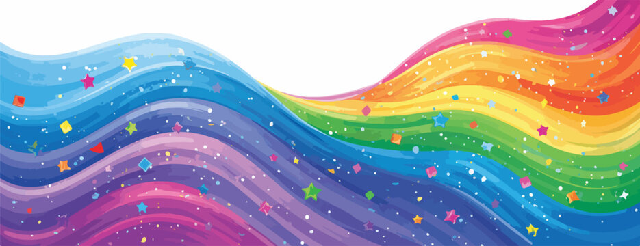 Onda colorida de arco-&iacute;ris com estrelas cintilantes e brilhos, ideal para fundos festivos e infantis.