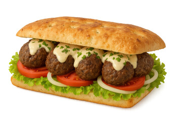 Meatball sub sandwich on focaccia bread with cheese sauce, fresh lettuce, tomato, onion, transparent background
