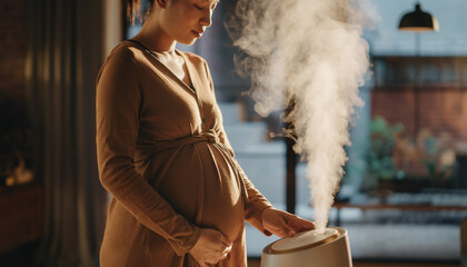 Pregnant Woman Admiring the Steam Emanating from a Humidifier, Focusing on Comfort and Health