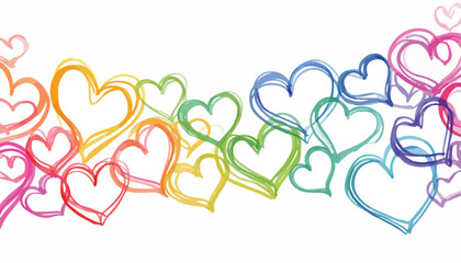 Corações coloridos em aquarela desenhados à mão em um fundo branco, representando amor e diversidade.
