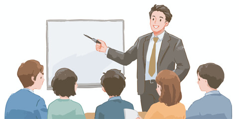 Professor sorridente ensinando alunos em uma sala de aula com quadro branco, conceito de educação e aprendizado.