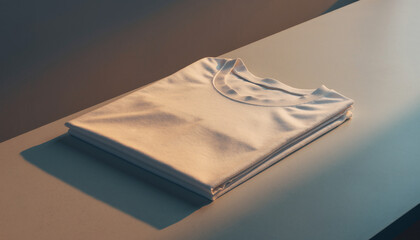 A minimalist composition of freshly laundered and neatly folded white cotton t-shirts stacked on a simple surface with aesthetic lighting
