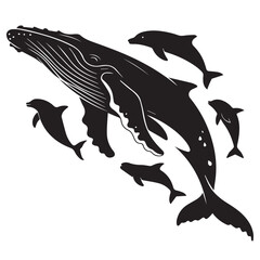 Naklejka premium A majestic humpback whale swims gracefully, surrounded by playful dolphins in a captivating marine scene isolated on white background the whales silhouette contrasts beautifully with the dolphins