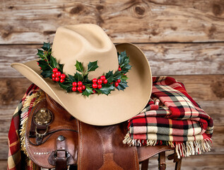 Rustic western christmas still life with cowboy hat and festive holly wreath on a saddle
