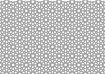 Minimalist gray line art of intricate repeating geometric Islamic pattern — ideal for textiles, wallpaper, or ornamental graphic projects with timeless symmetry.